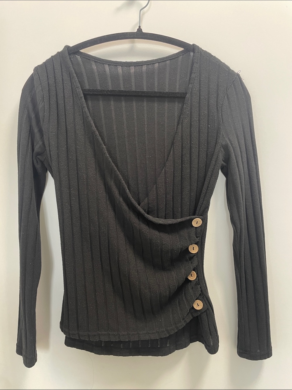 Super soft Black Ribbed Wrap-Front Women's Top with Button Detail